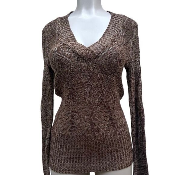 Liv Pullover Sweater Women's Medium Brown Heather Pointelle Knit V-neck - Picture 10 of 11